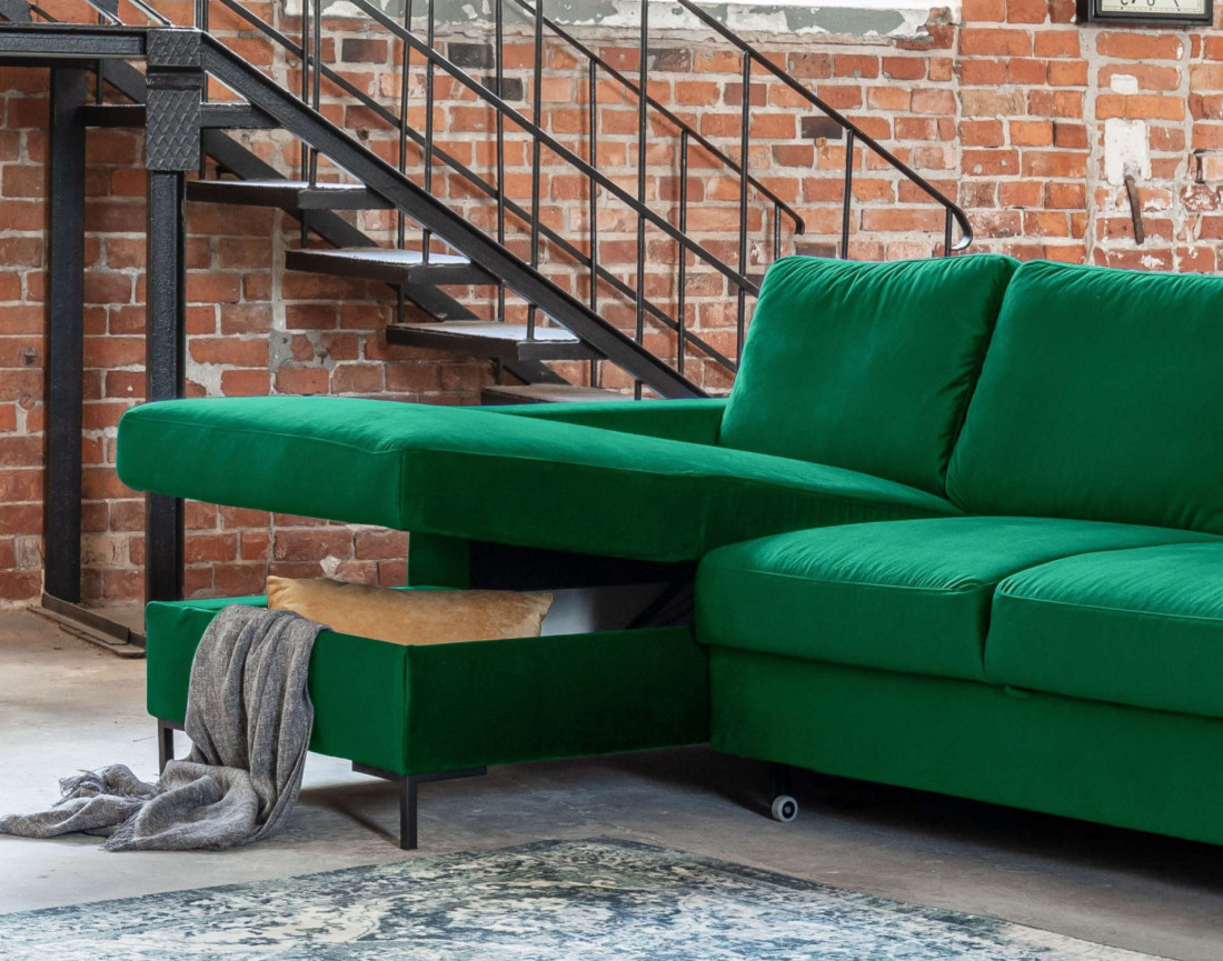 Canapé d'angle gauche 4 places convertible avec coffre en velours Lilly