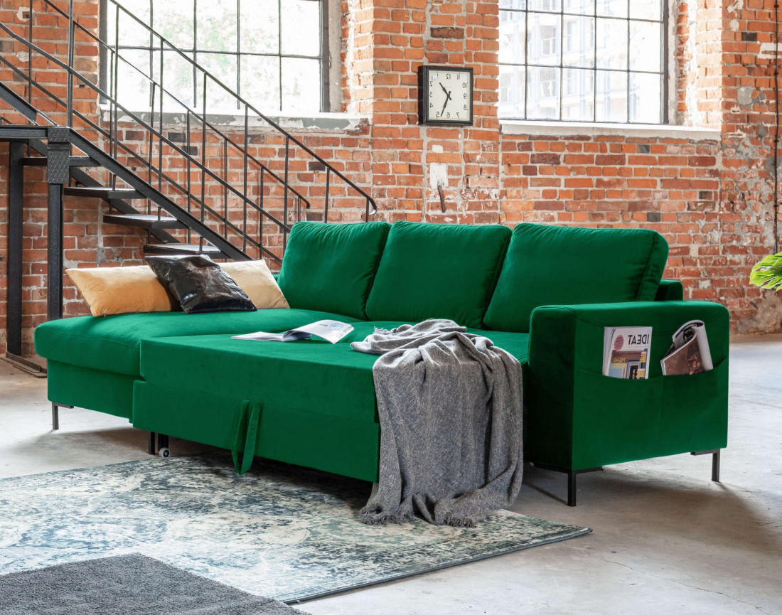 Canapé d'angle gauche 4 places convertible avec coffre en velours Lilly