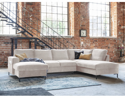 Canapé panoramique d'angle droit 7 places convertible avec coffre en velours