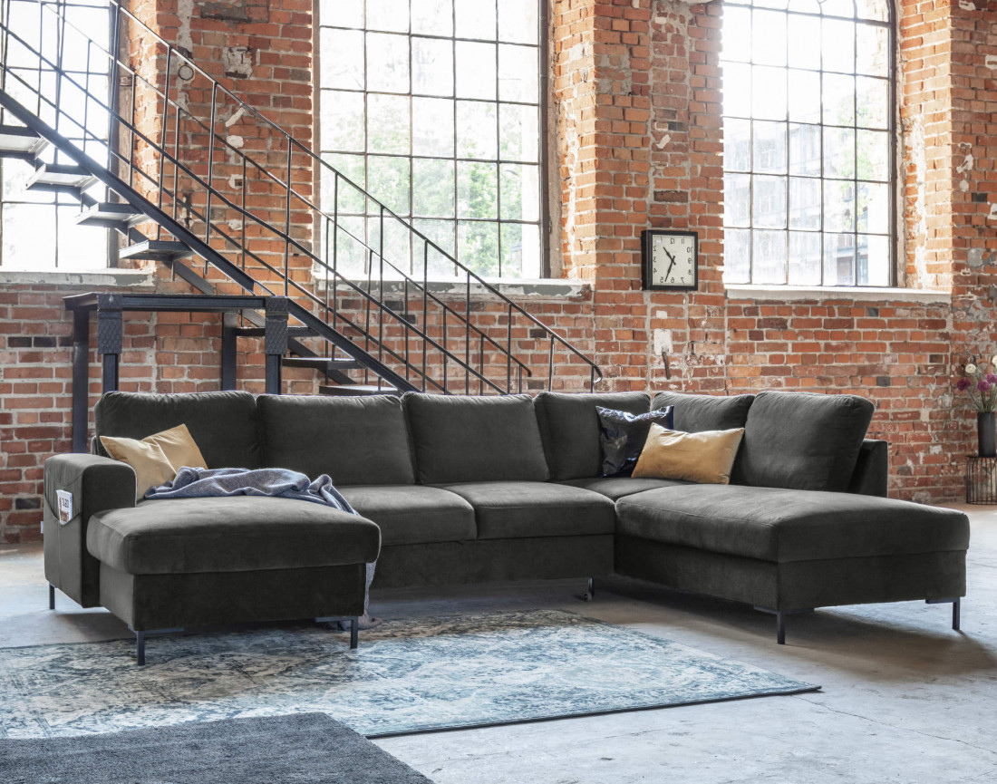 Canapé panoramique d'angle droit 7 places convertible avec coffre en velours