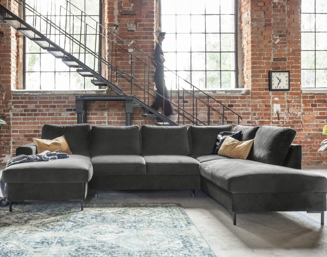 Canapé panoramique d'angle droit 7 places convertible avec coffre en velours