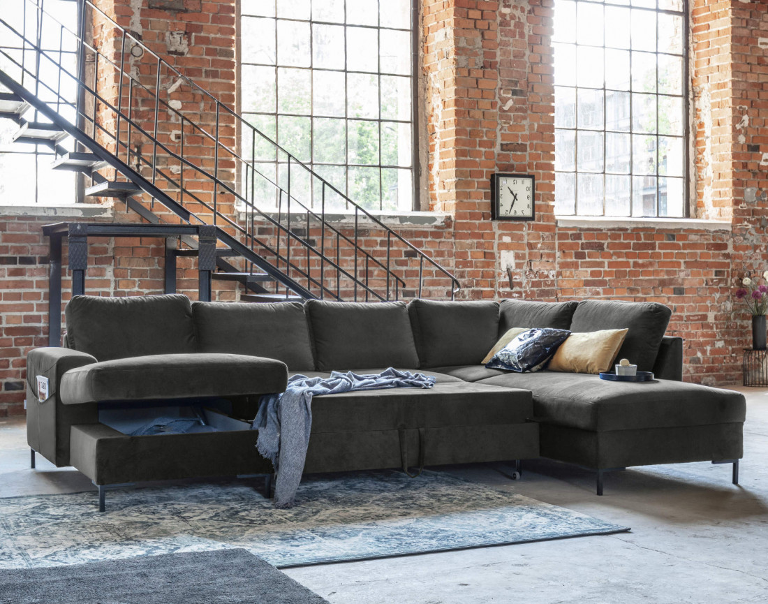 Canapé panoramique d'angle droit 7 places convertible avec coffre en velours