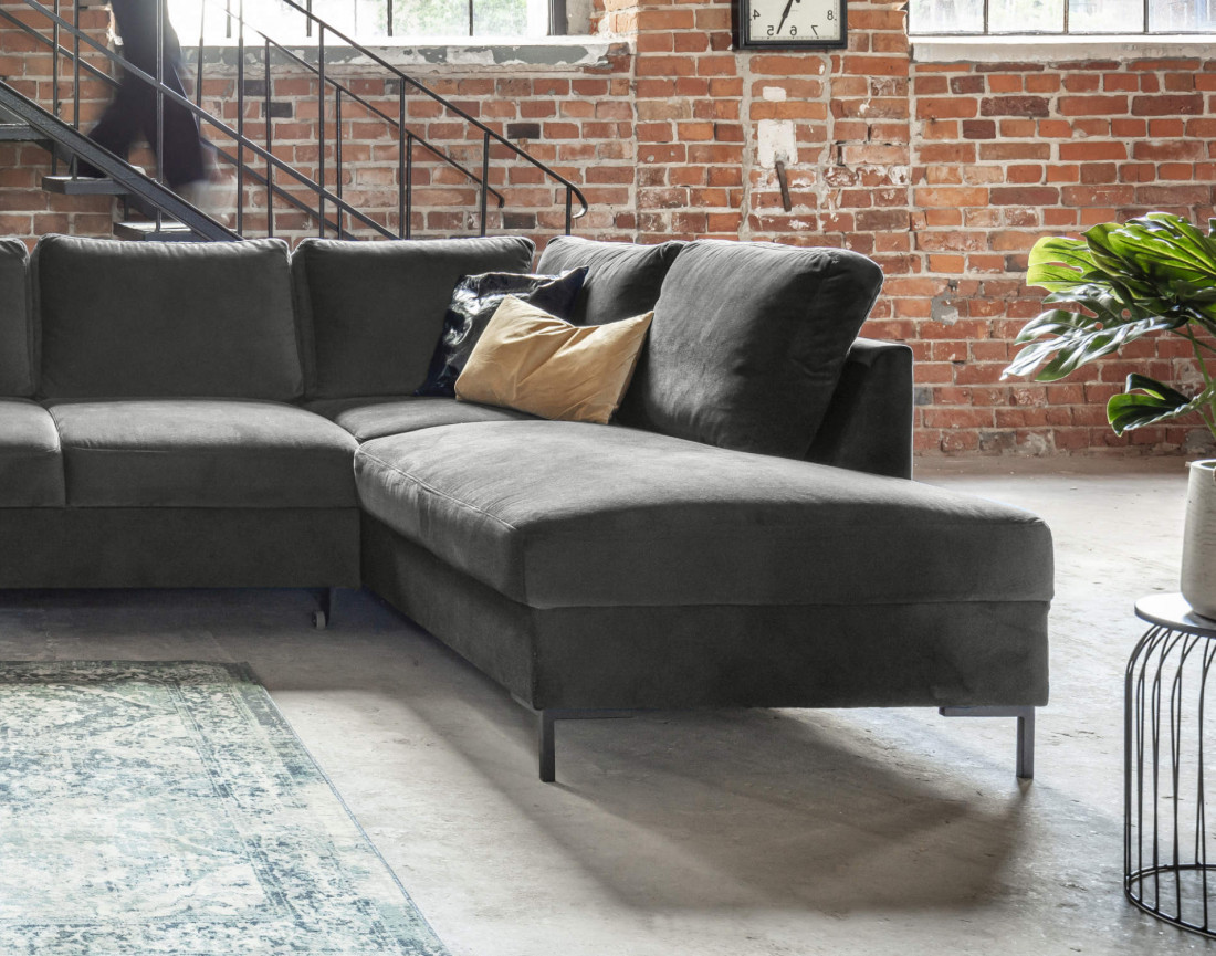 Canapé panoramique d'angle droit 7 places convertible avec coffre en velours