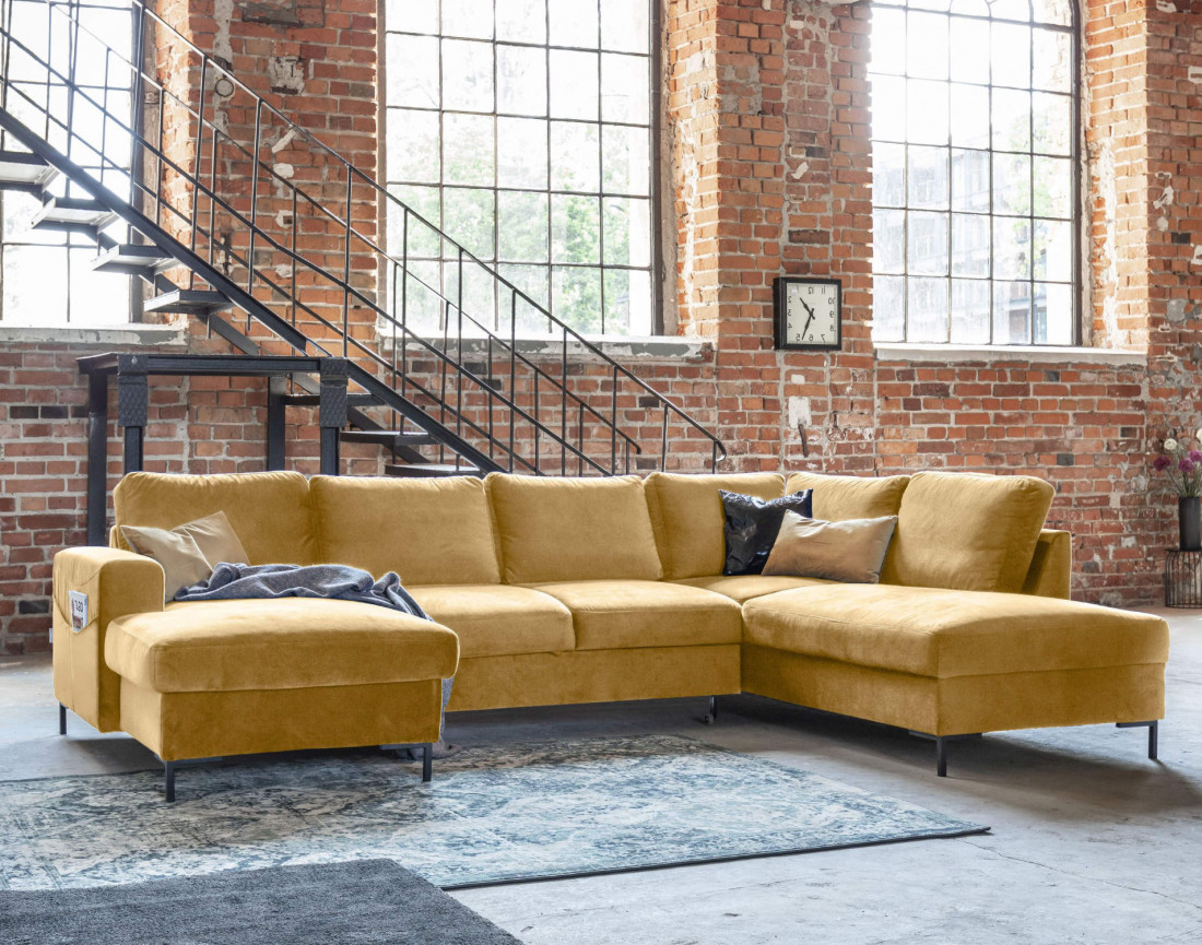 Canapé panoramique d'angle droit 7 places convertible avec coffre en velours