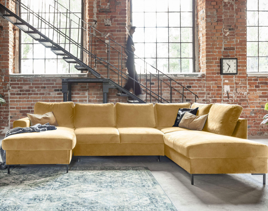 Canapé panoramique d'angle droit 7 places convertible avec coffre en velours