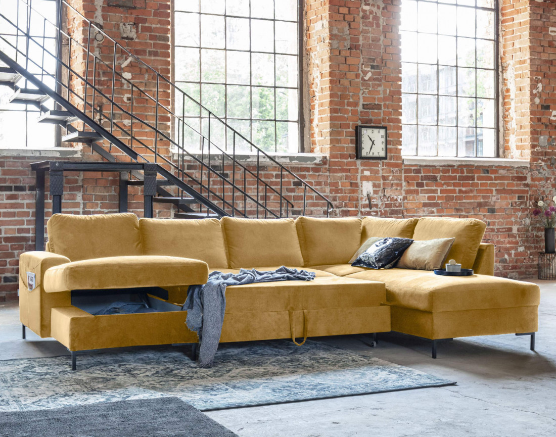 Canapé panoramique d'angle droit 7 places convertible avec coffre en velours