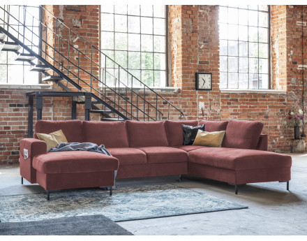 Canapé panoramique d'angle droit 7 places convertible avec coffre en velours