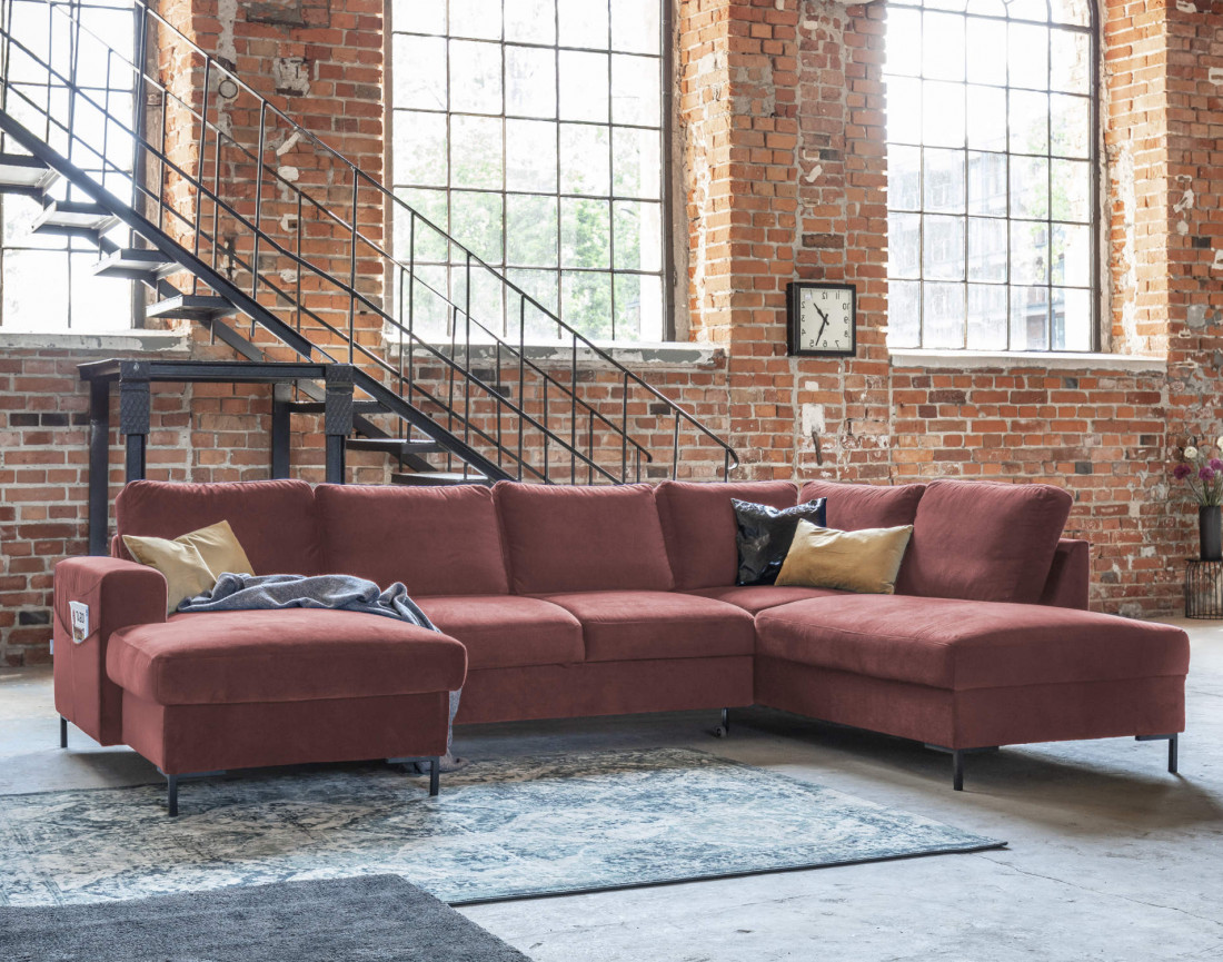 Canapé panoramique d'angle droit 7 places convertible avec coffre en velours