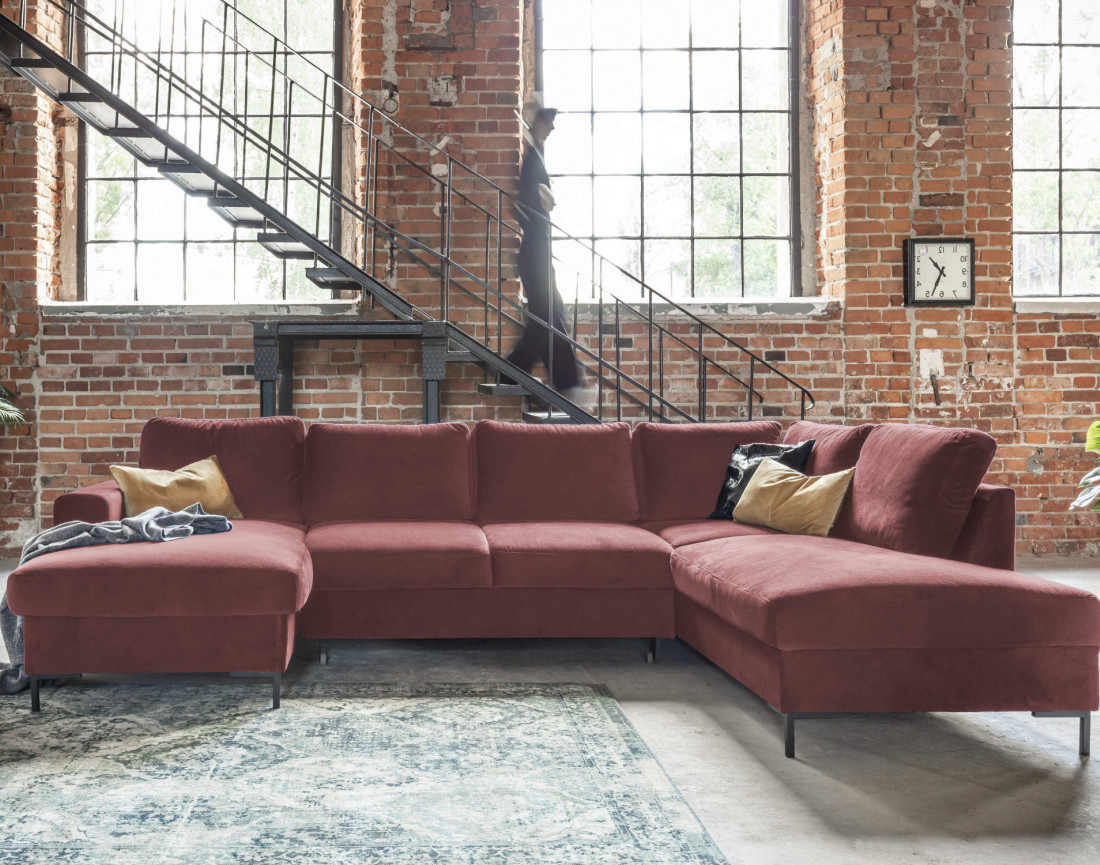 Canapé panoramique d'angle droit 7 places convertible avec coffre en velours