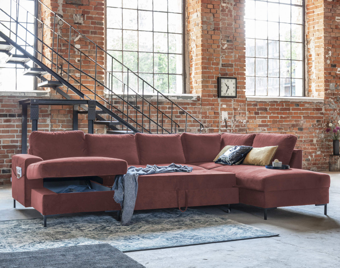 Canapé panoramique d'angle droit 7 places convertible avec coffre en velours