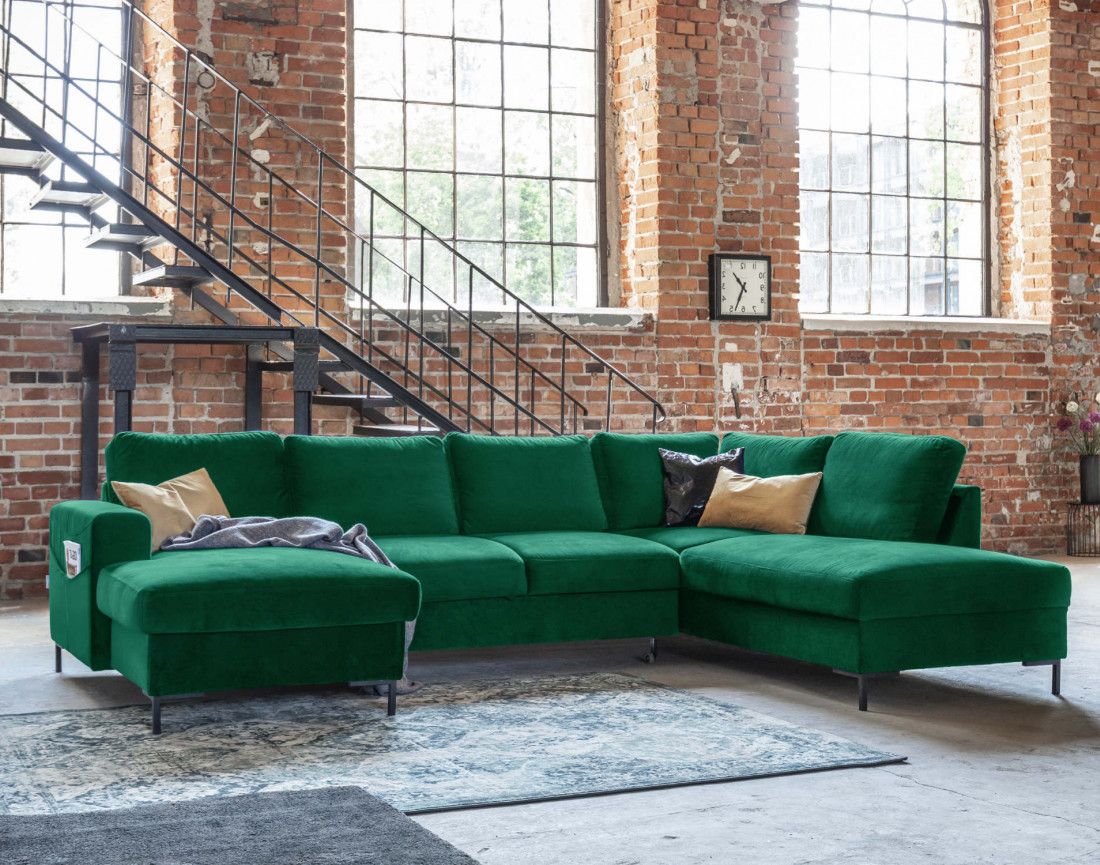 Canapé panoramique d'angle droit 7 places convertible avec coffre en velours