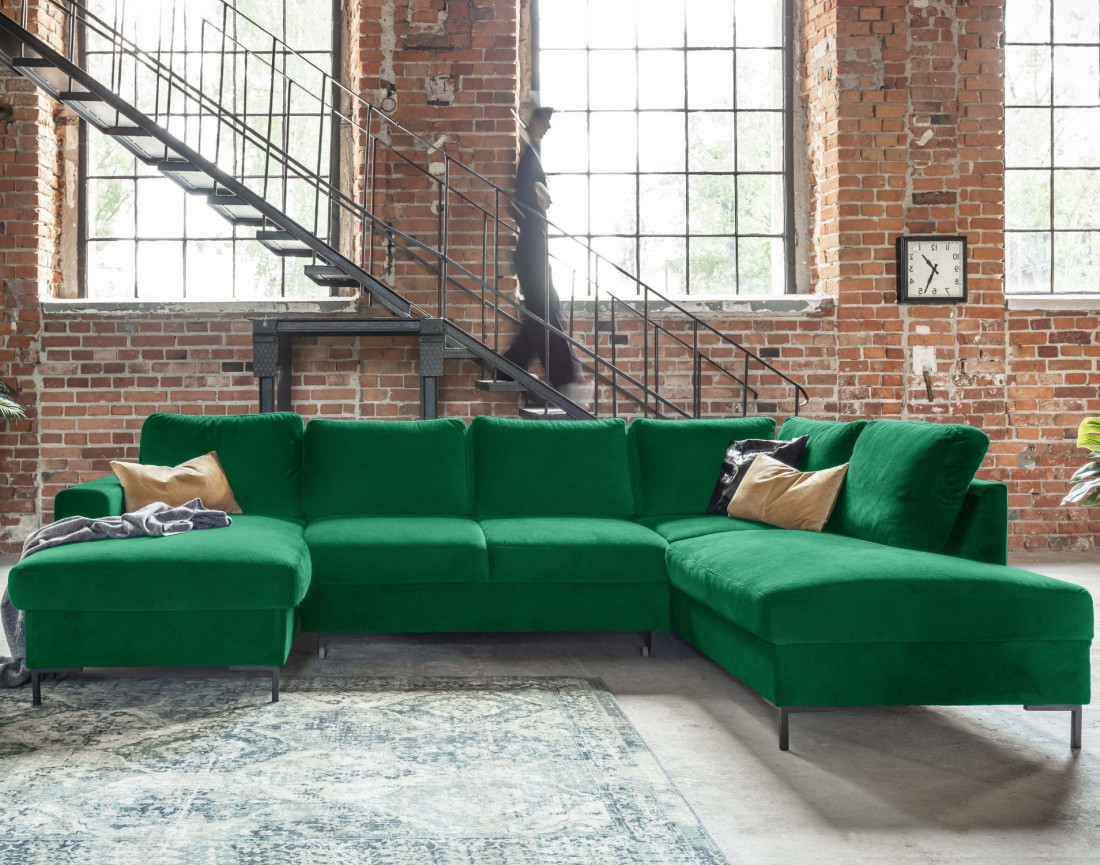 Canapé panoramique d'angle droit 7 places convertible avec coffre en velours