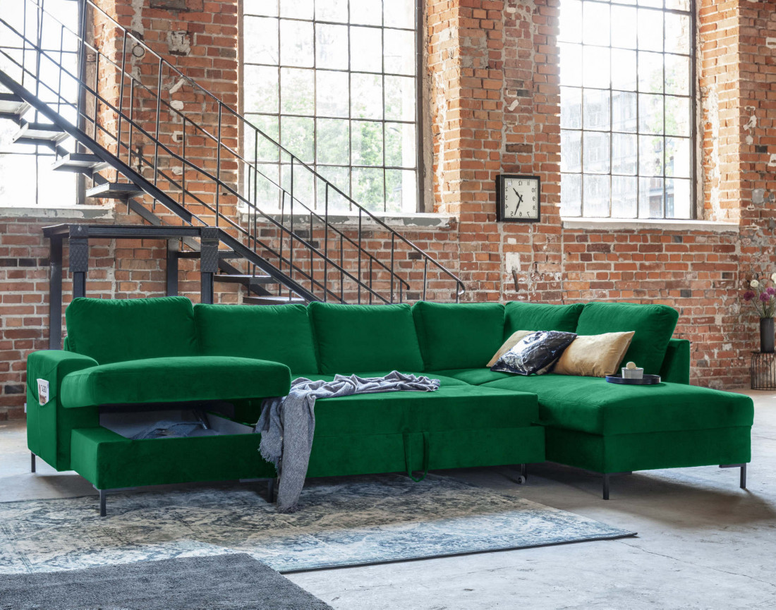 Canapé panoramique d'angle droit 7 places convertible avec coffre en velours