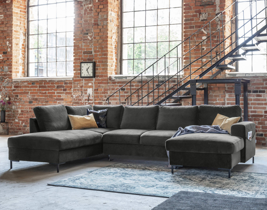 Canapé panoramique d'angle gauche 7 places convertible avec coffre en velours Lilly