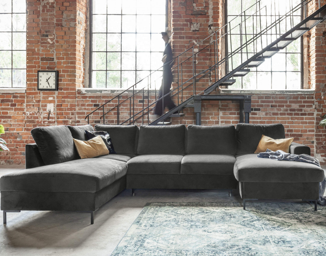 Canapé panoramique d'angle gauche 7 places convertible avec coffre en velours Lilly