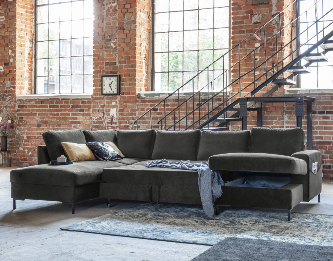 Canapé panoramique d'angle gauche 7 places convertible avec coffre en velours Lilly