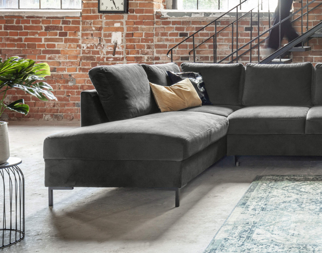 Canapé panoramique d'angle gauche 7 places convertible avec coffre en velours Lilly