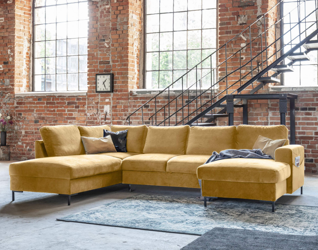 Canapé panoramique d'angle gauche 7 places convertible avec coffre en velours Lilly