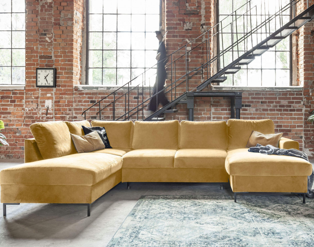 Canapé panoramique d'angle gauche 7 places convertible avec coffre en velours Lilly