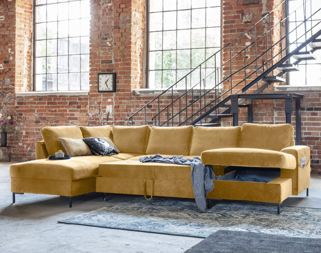 Canapé panoramique d'angle gauche 7 places convertible avec coffre en velours Lilly