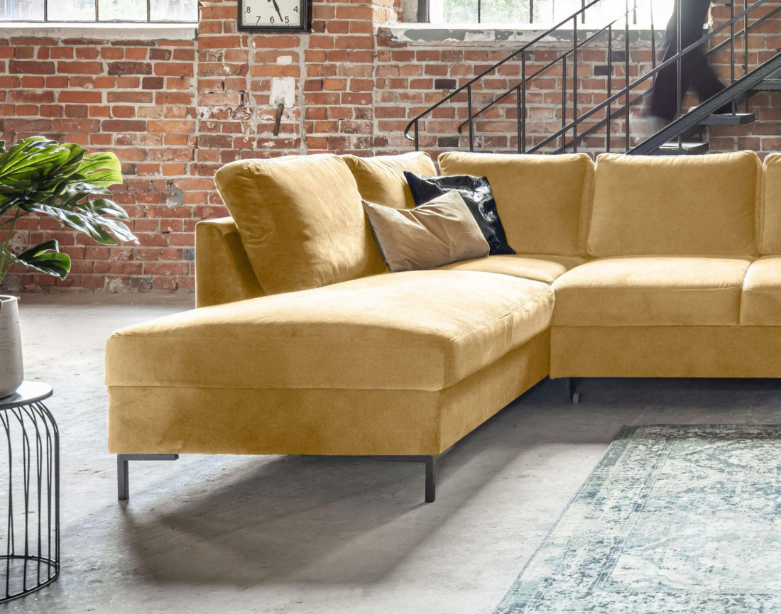 Canapé panoramique d'angle gauche 7 places convertible avec coffre en velours Lilly