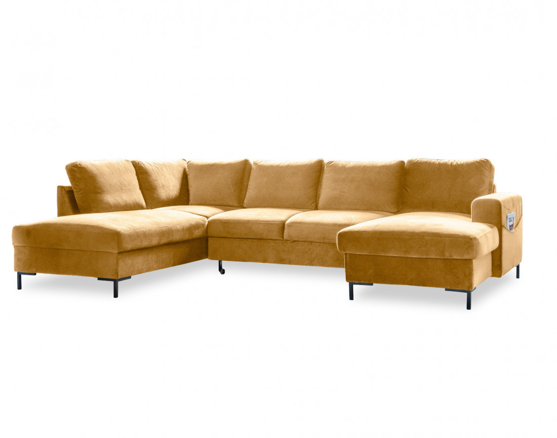 Canapé panoramique d'angle gauche 7 places convertible avec coffre en velours Lilly