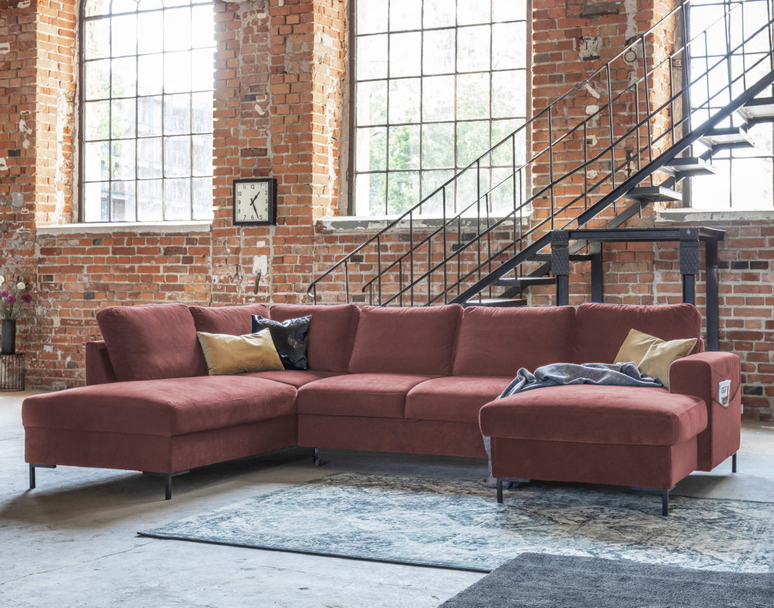 Canapé panoramique d'angle gauche 7 places convertible avec coffre en velours Lilly