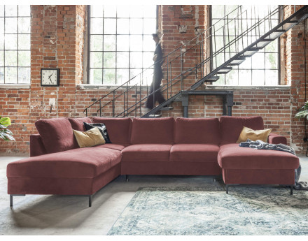 Canapé panoramique d'angle gauche 7 places convertible avec coffre en velours Lilly