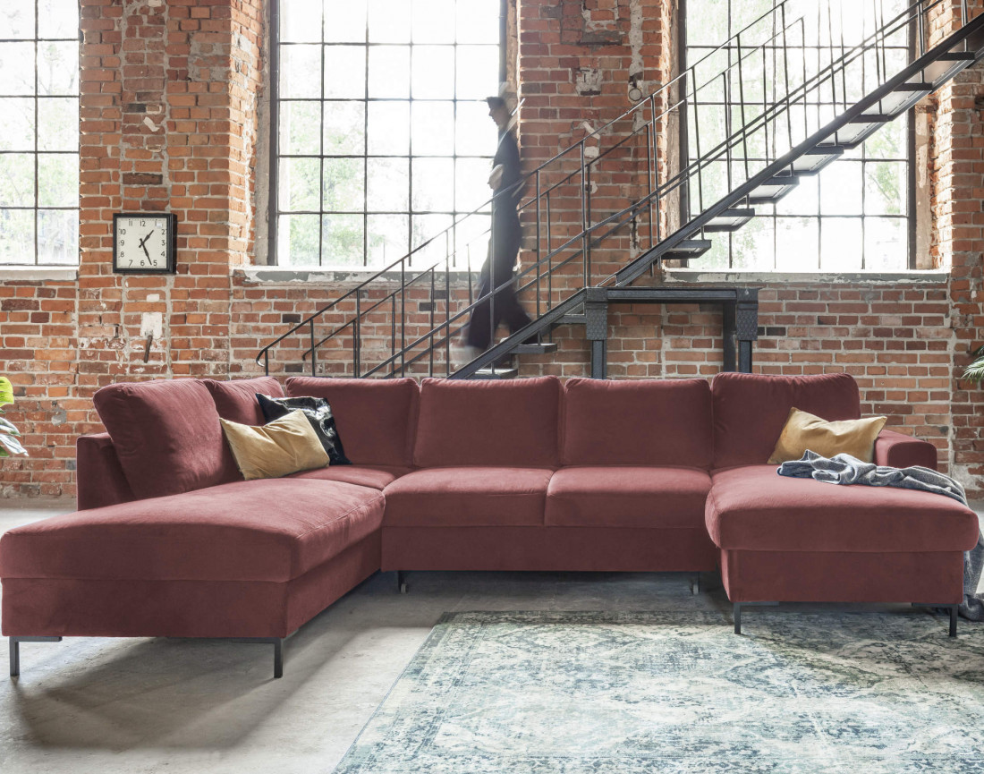 Canapé panoramique d'angle gauche 7 places convertible avec coffre en velours Lilly