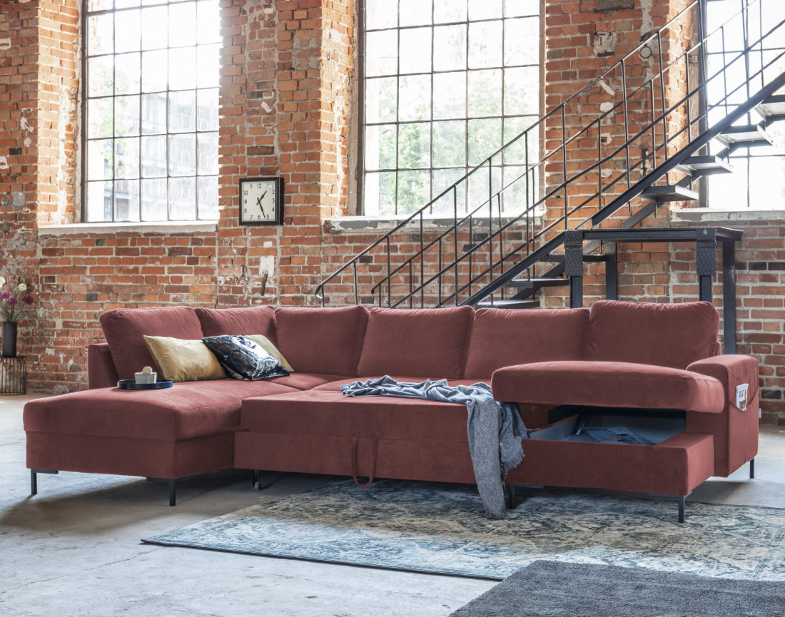 Canapé panoramique d'angle gauche 7 places convertible avec coffre en velours Lilly