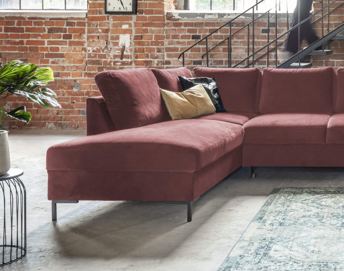 Canapé panoramique d'angle gauche 7 places convertible avec coffre en velours Lilly