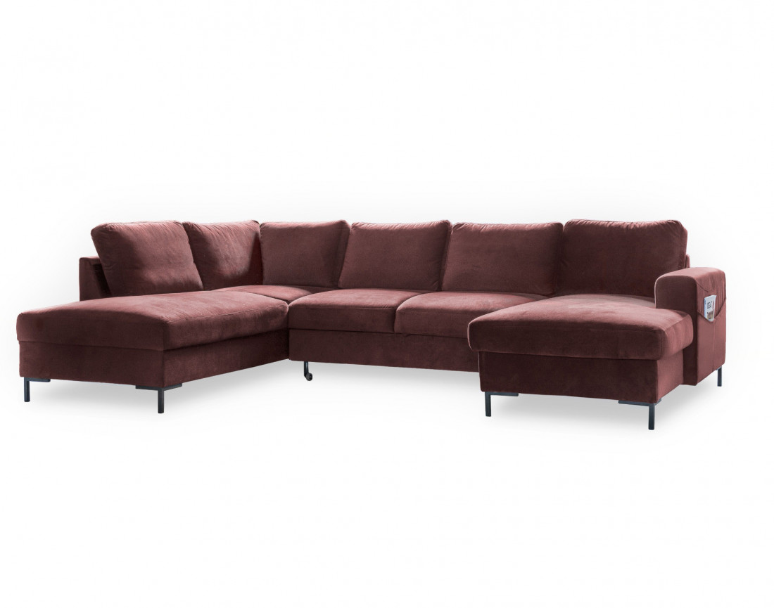 Canapé panoramique d'angle gauche 7 places convertible avec coffre en velours Lilly