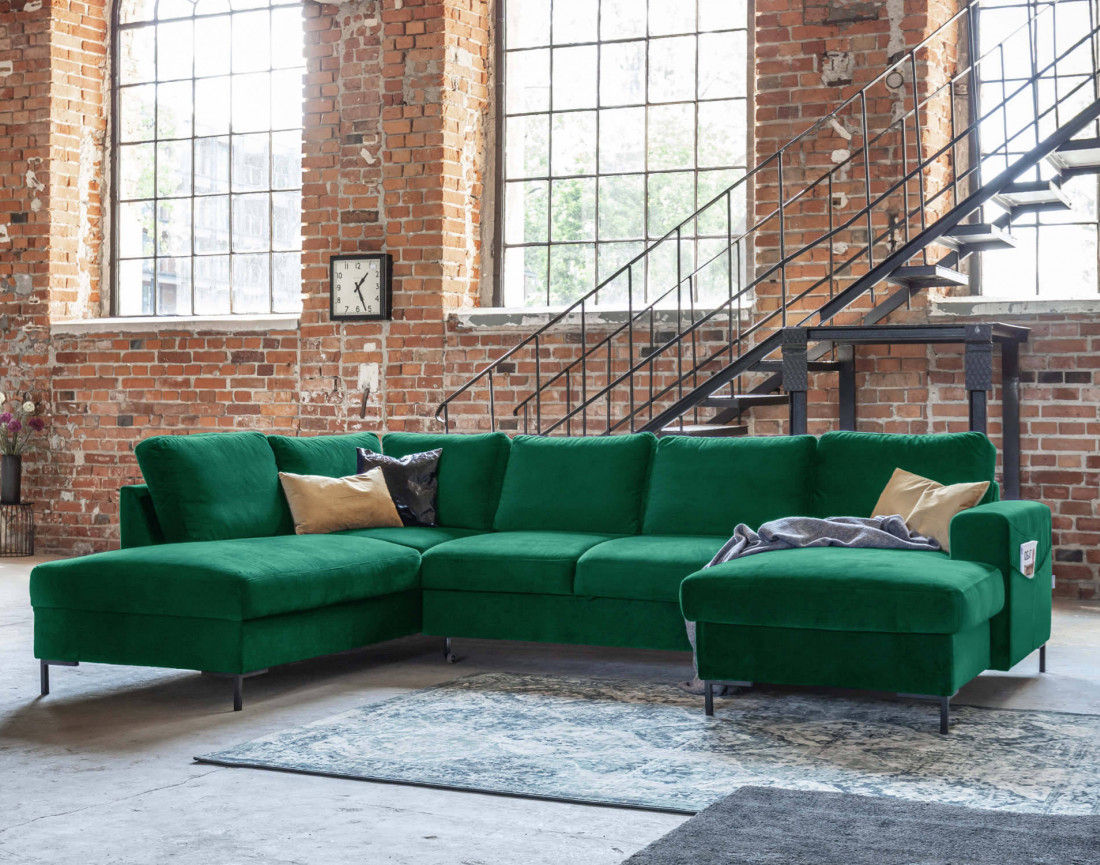 Canapé panoramique d'angle gauche 7 places convertible avec coffre en velours Lilly