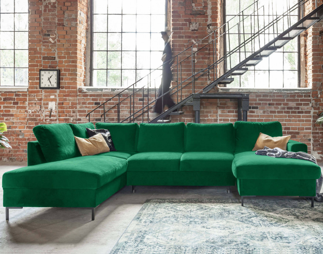 Canapé panoramique d'angle gauche 7 places convertible avec coffre en velours Lilly