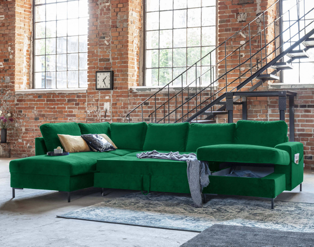 Canapé panoramique d'angle gauche 7 places convertible avec coffre en velours Lilly