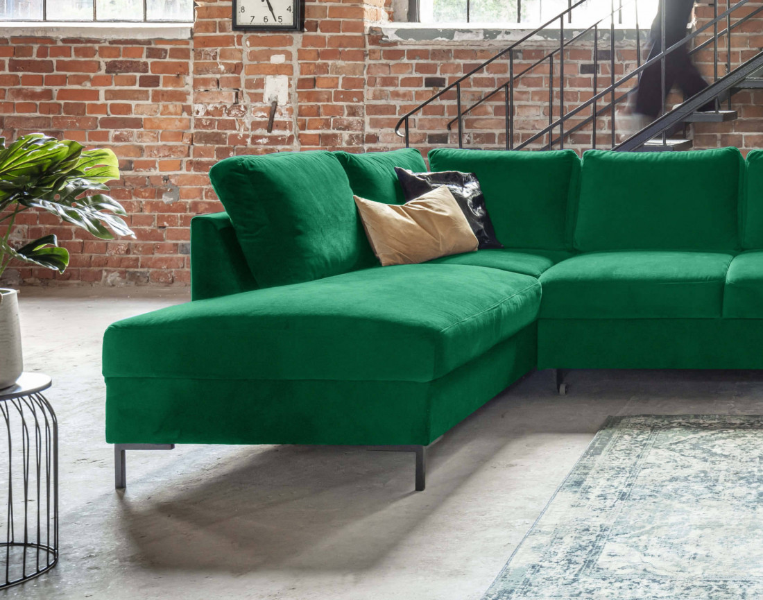 Canapé panoramique d'angle gauche 7 places convertible avec coffre en velours Lilly