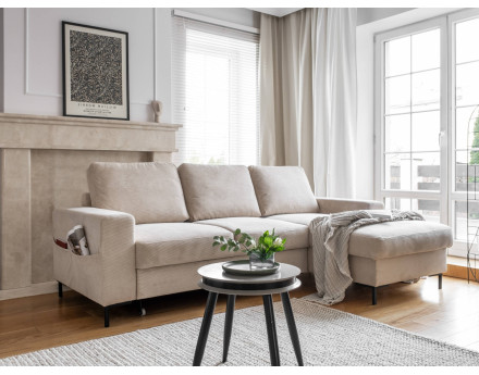 Canapé d'angle droit 4 places convertible avec coffre en velours côtelé Lilly