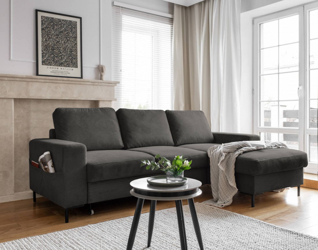 Canapé d'angle droit 4 places convertible avec coffre en velours côtelé Lilly