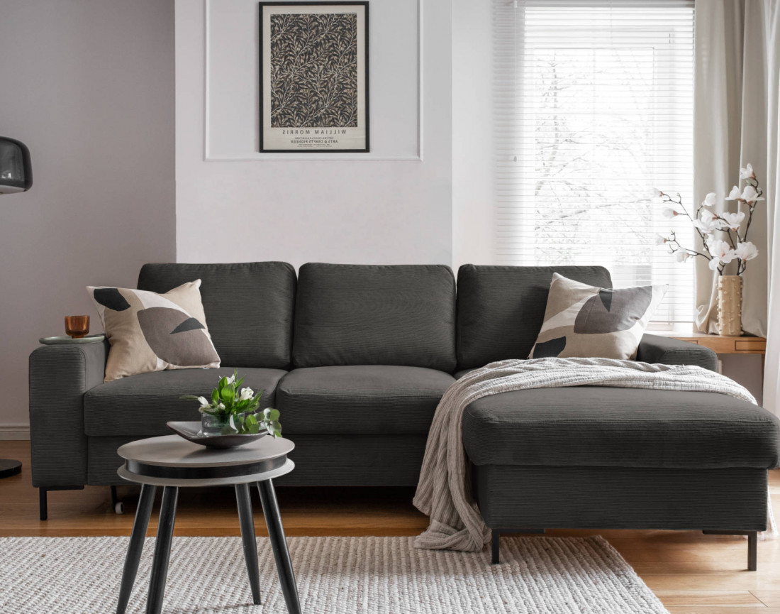 Canapé d'angle droit 4 places convertible avec coffre en velours côtelé Lilly