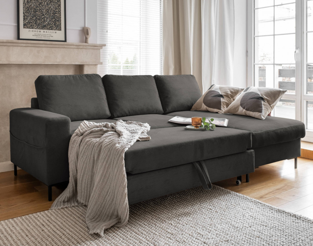 Canapé d'angle droit 4 places convertible avec coffre en velours côtelé Lilly