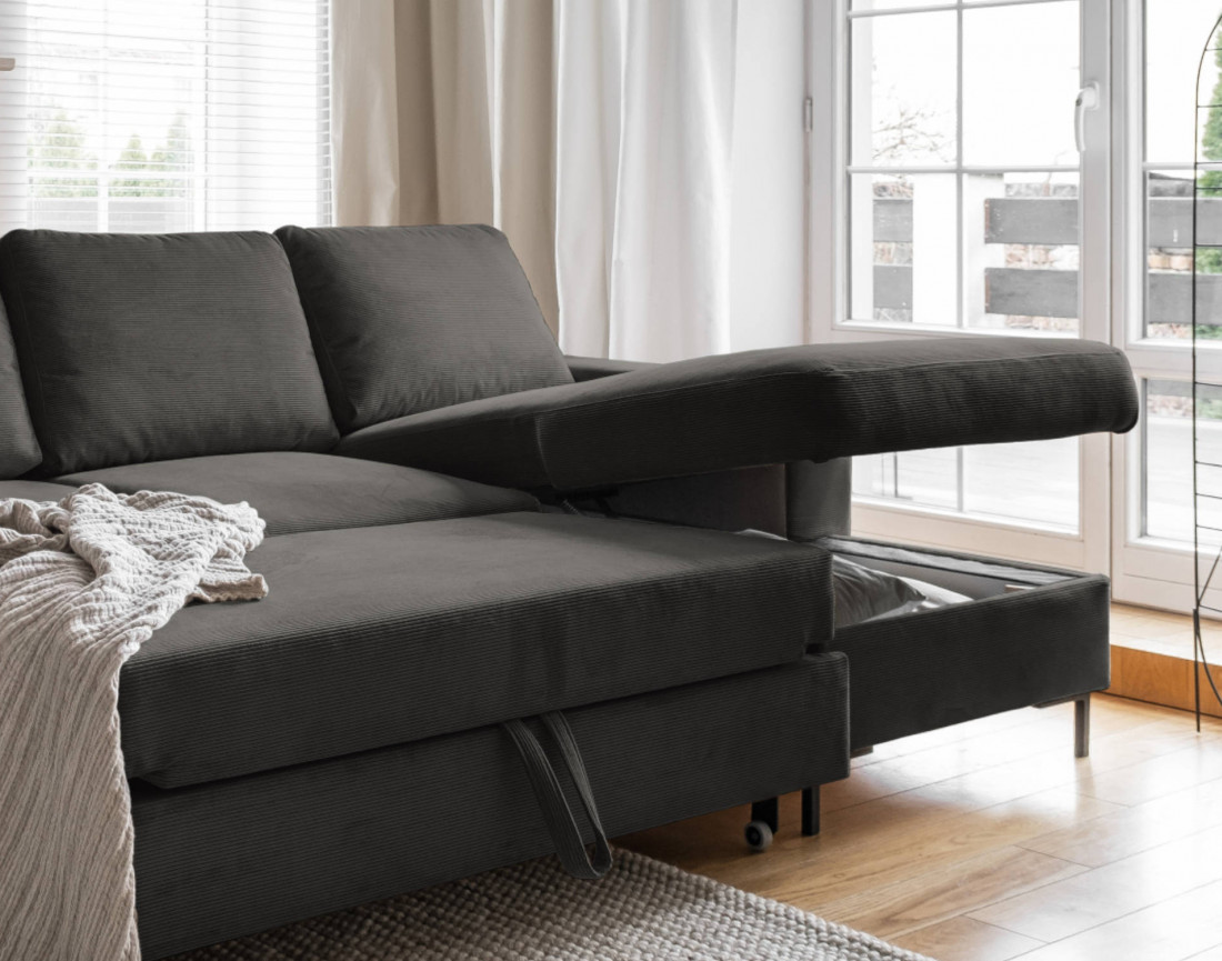 Canapé d'angle droit 4 places convertible avec coffre en velours côtelé Lilly