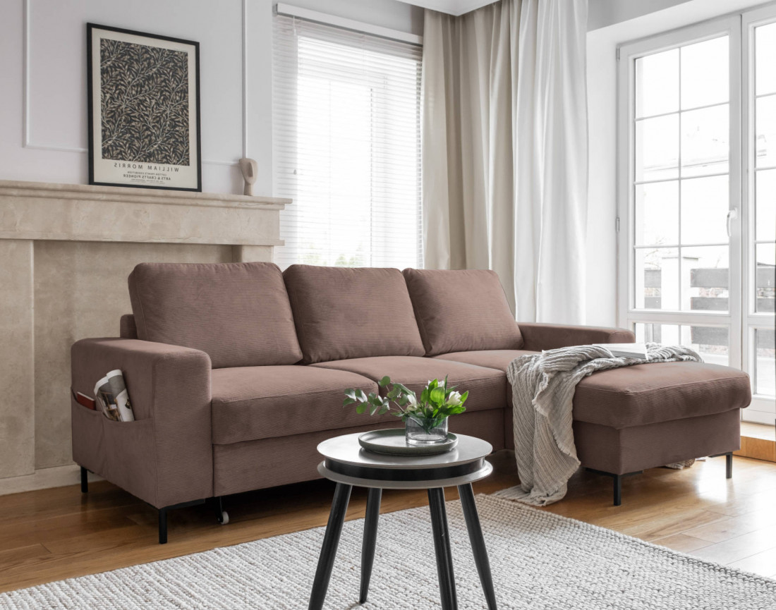 Canapé d'angle droit 4 places convertible avec coffre en velours côtelé Lilly