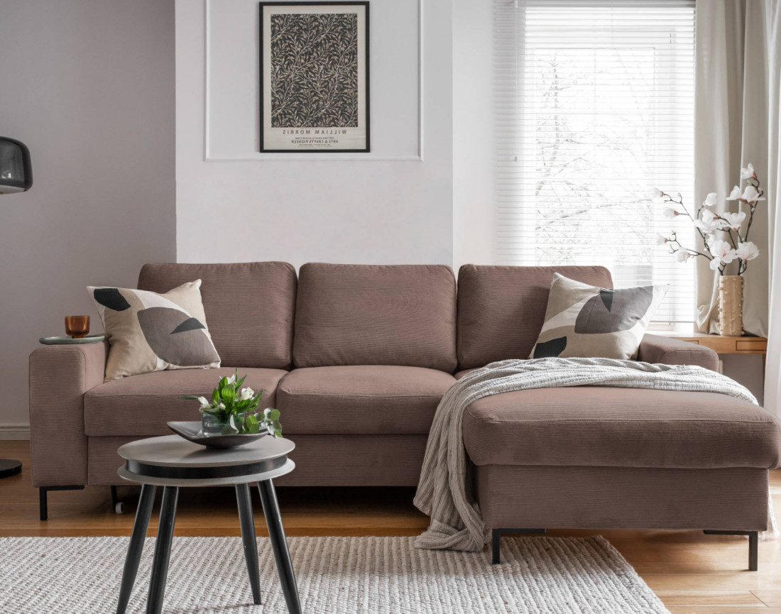 Canapé d'angle droit 4 places convertible avec coffre en velours côtelé Lilly