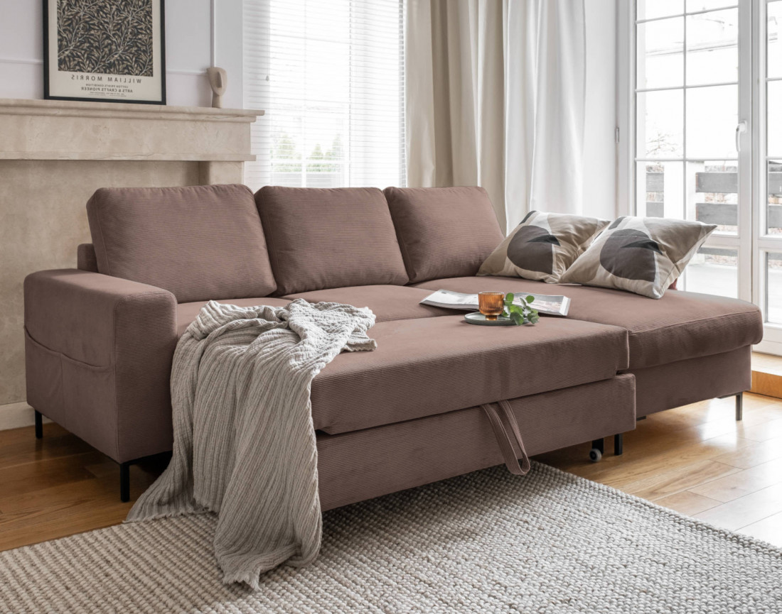 Canapé d'angle droit 4 places convertible avec coffre en velours côtelé Lilly