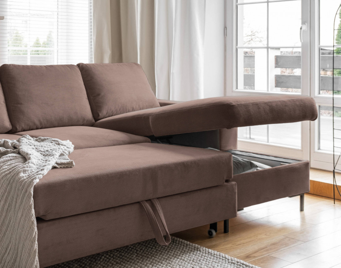 Canapé d'angle droit 4 places convertible avec coffre en velours côtelé Lilly