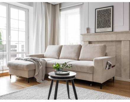 Canapé d'angle gauche 4 places convertible avec coffre en velours côtelé Lilly