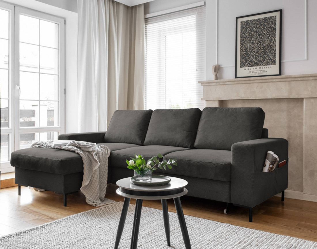 Canapé d'angle gauche 4 places convertible avec coffre en velours côtelé Lilly