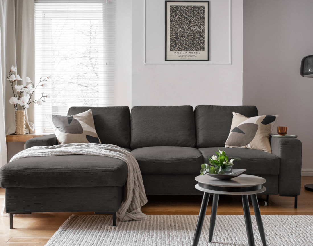 Canapé d'angle gauche 4 places convertible avec coffre en velours côtelé Lilly