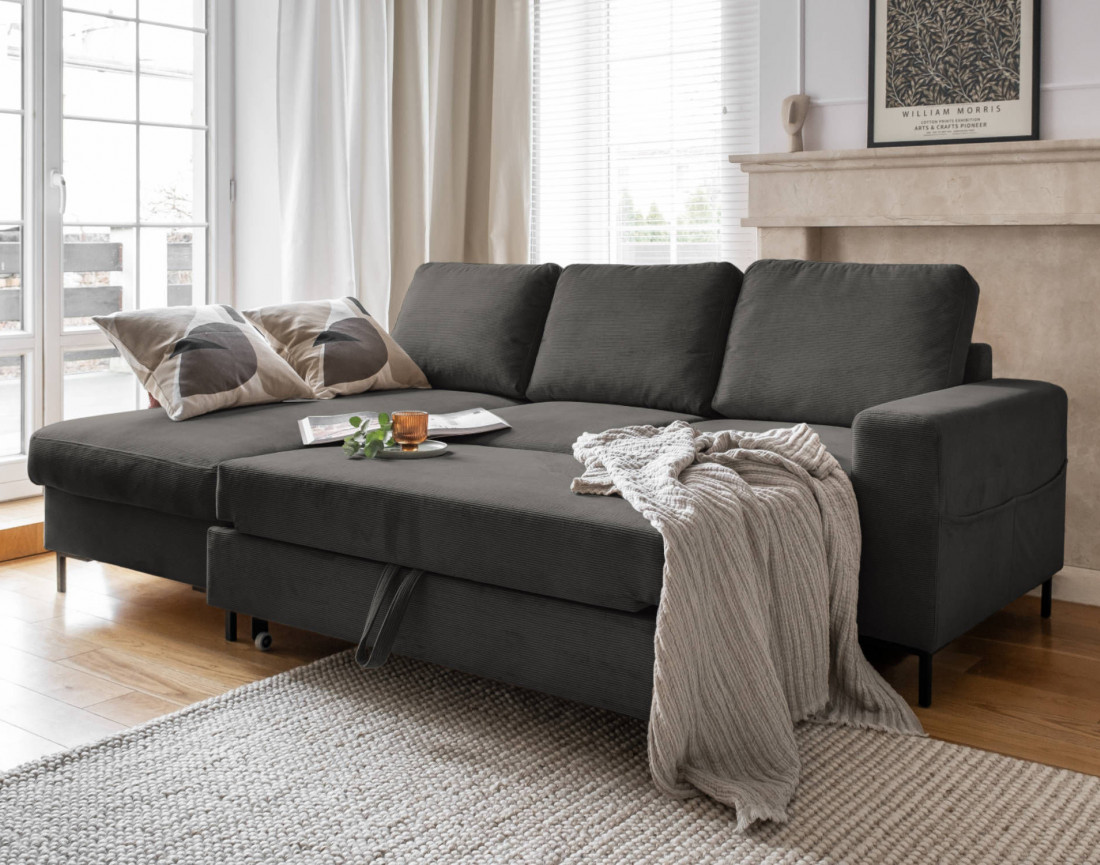 Canapé d'angle gauche 4 places convertible avec coffre en velours côtelé Lilly
