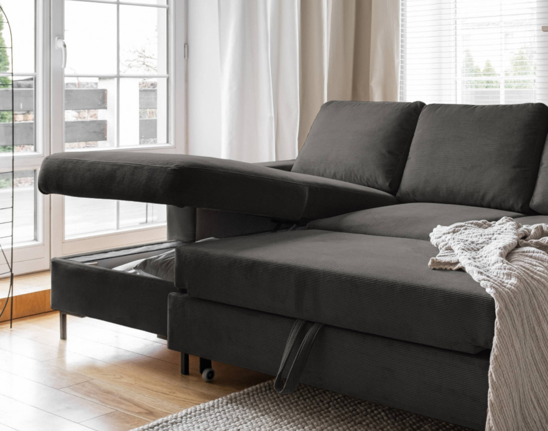 Canapé d'angle gauche 4 places convertible avec coffre en velours côtelé Lilly